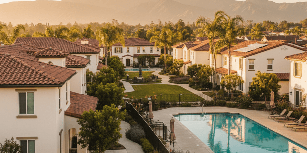Well-maintained Southern California HOA community at golden hour